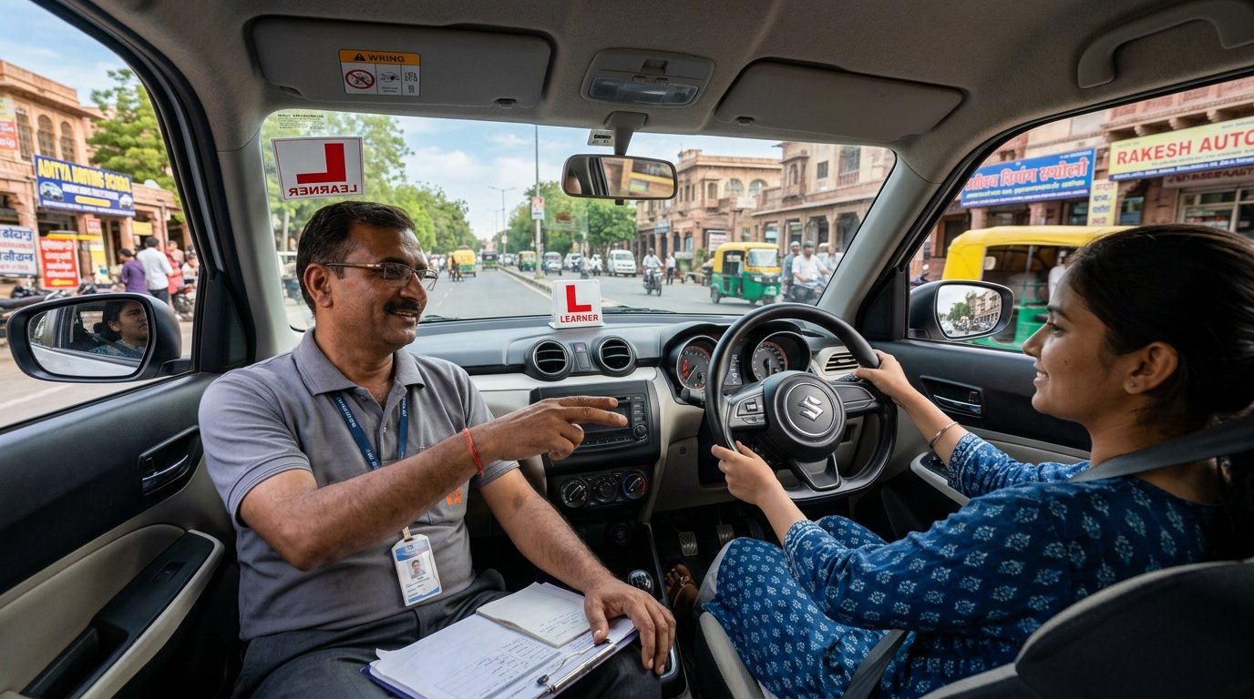 Learner driver receiving professional driving training from instructor inside training car in Jaipur